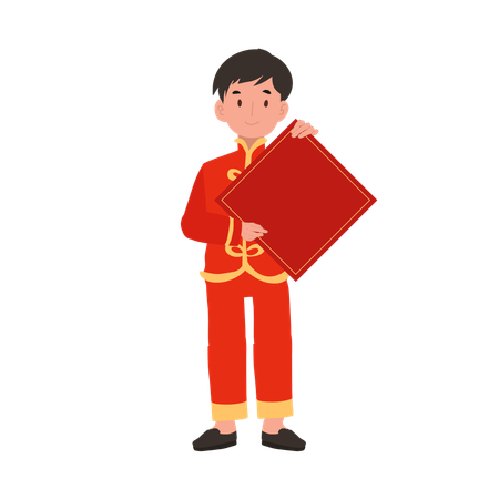 Boy in Chinese traditional dress holding red paper  Illustration