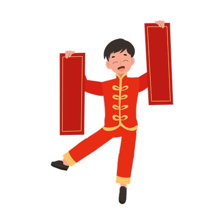 Boy in Chinese traditional dress holding red paper in both hands  Illustration