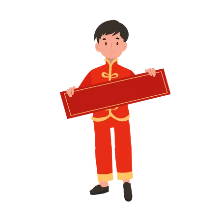 Boy in Chinese traditional dress holding red paper  Illustration