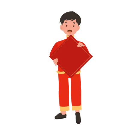 Boy in Chinese traditional dress holding red paper  Illustration