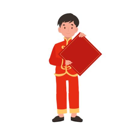Boy in Chinese traditional dress holding red paper  イラスト