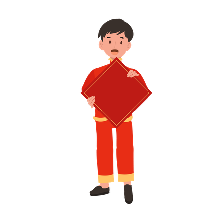 Boy in Chinese traditional dress holding red paper  イラスト