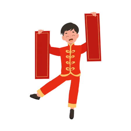 Boy in Chinese traditional dress holding red paper in both hands  Illustration