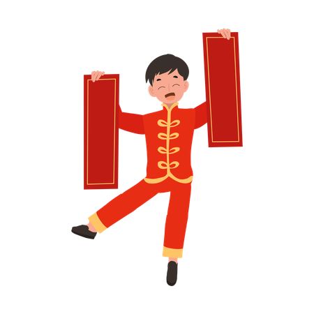 Boy in Chinese traditional dress holding red paper in both hands  イラスト