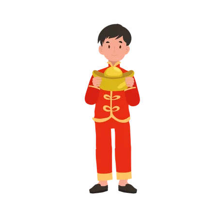 Boy In Chinese Traditional Dress Holding Sweet Basket Illustration
