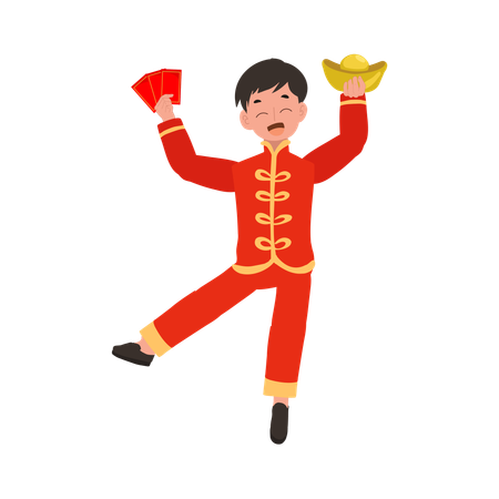 Boy in Chinese traditional dress holding sweet basket and red envelope in both hands  Illustration