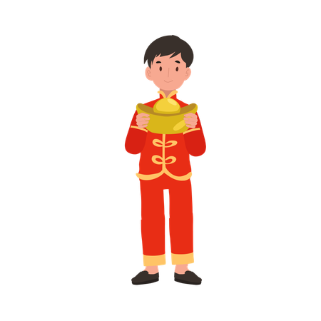 Boy in Chinese traditional dress holding sweet basket  イラスト