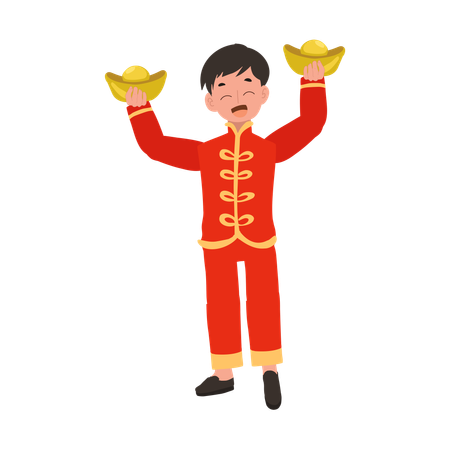 Boy in Chinese traditional dress holding sweet basket in both hands  Illustration
