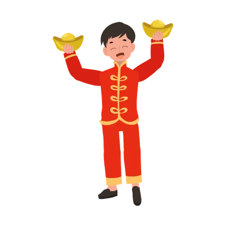Boy in Chinese traditional dress holding sweet basket in both hands  Illustration