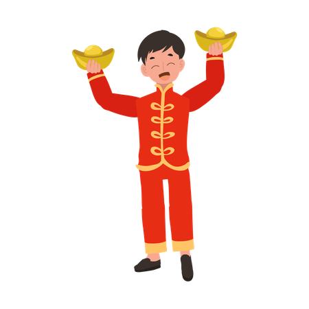 Boy in Chinese traditional dress holding sweet basket in both hands  イラスト