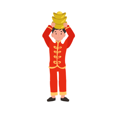 Boy in Chinese traditional dress holding sweet basket on head  Illustration