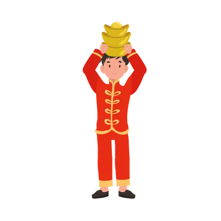 Boy In Chinese Traditional Dress Holding Sweet Basket On Head Illustration
