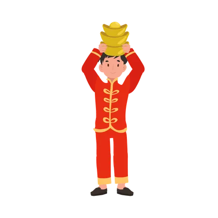 Boy in Chinese traditional dress holding sweet basket on head  Illustration