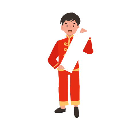 Boy in Chinese traditional dress holding white paper  Illustration