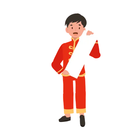 Boy In Chinese Traditional Dress Holding White Paper Illustration