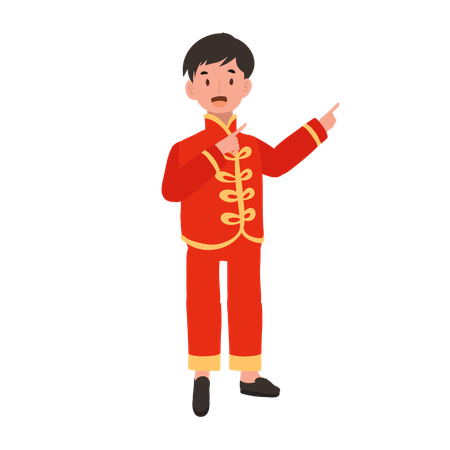 Boy in Chinese traditional dress showing direction  イラスト