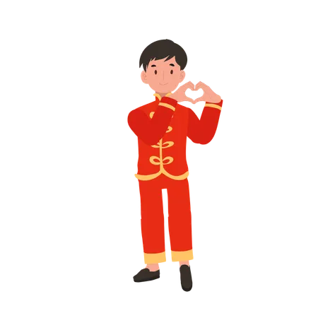 Boy In Chinese Traditional Dress Showing Heart Illustration