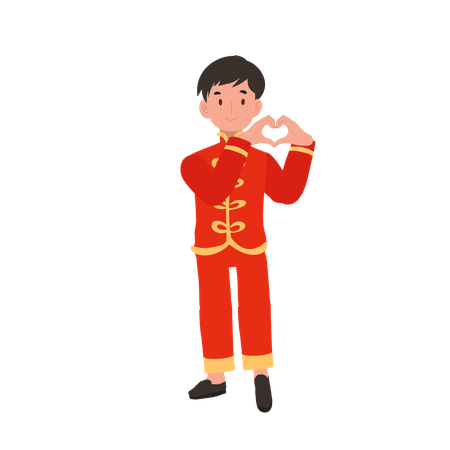 Boy in Chinese traditional dress showing heart  イラスト