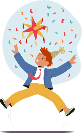 Boy In Festive Party Hat Joyfully Leaping In  Air While Colorful Confetti  Illustration