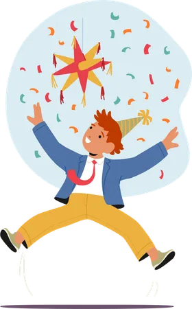 Boy In Festive Party Hat Joyfully Leaping In  Air While Colorful Confetti  Illustration