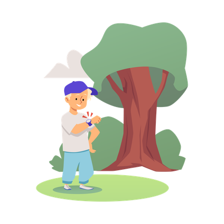 Boy in forest showing smart watch on wrist  Illustration