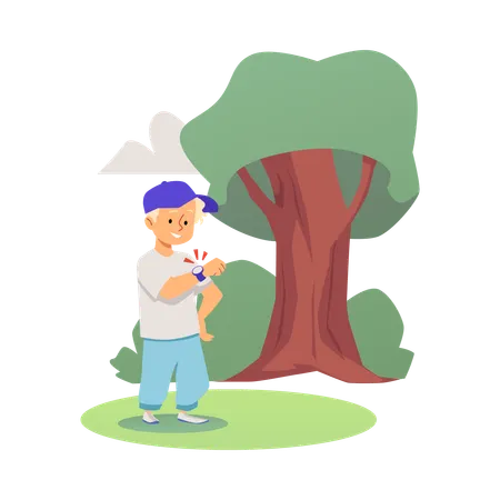 Boy in forest showing smart watch on wrist  Illustration