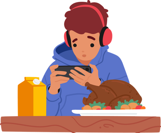 Boy In Hoodie And Headphones Focused On His Smartphone While Eating On Table  Illustration