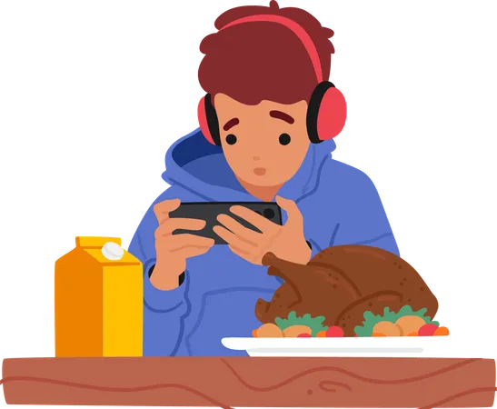 Boy In Hoodie And Headphones Focused On His Smartphone While Eating On Table  Illustration