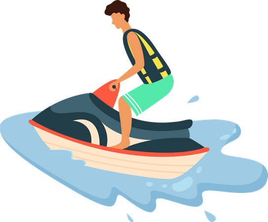 Boy in Life Jacket Riding Water Scooter  Illustration