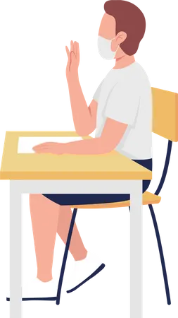 Boy in mask at school lesson semi flat color vector character  Illustration