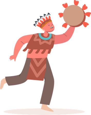 Boy in National Costume and Tambourine in Hand Playing or Perform Show  Illustration