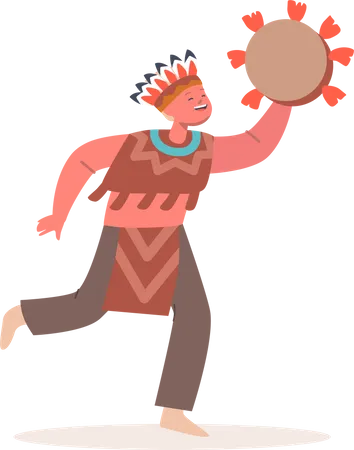 Boy in National Costume and Tambourine in Hand Playing or Perform Show  Illustration