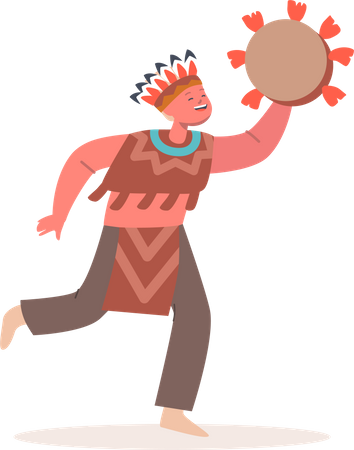 Boy in National Costume and Tambourine in Hand Playing or Perform Show Illustration