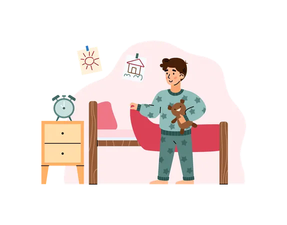 Boy in pajama standing next to bed  Illustration