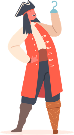 Boy in Pirate Costume with Hand Hook and Leg Prosthesis Illustration