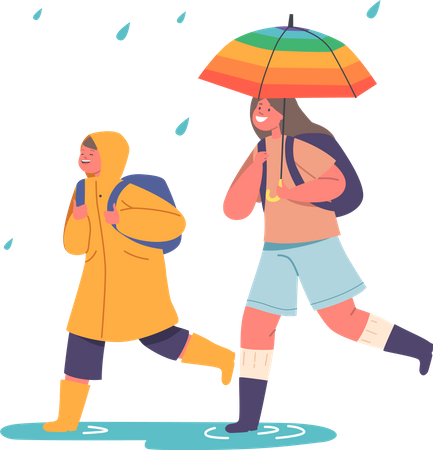 Boy in Raincoat and Girl with Backpacks Walking at Rainy Weather to School  Illustration