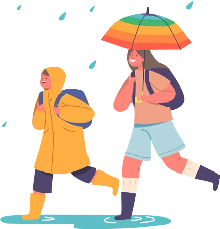 Boy in Raincoat and Girl with Backpacks Walking at Rainy Weather to School  Illustration