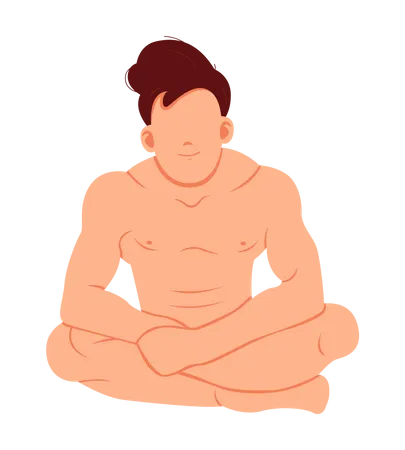 Naked Man Sitting Isolated On White Flat Illustration In Cartoon Style With Young Male Character Sitting Cross Legged Meditaing And Relaxing Cute Sporty Dark Haired Guy In Sauna Or Bathroom Illustration
