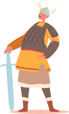 Boy in Scandinavian Warrior costume and holding sword  Illustration