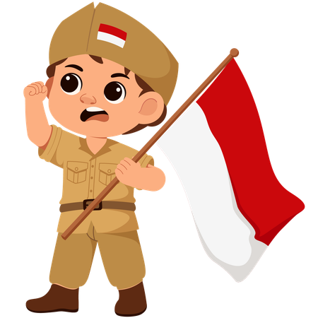 Boy Indonesian Soldier Holding Flag  Illustration