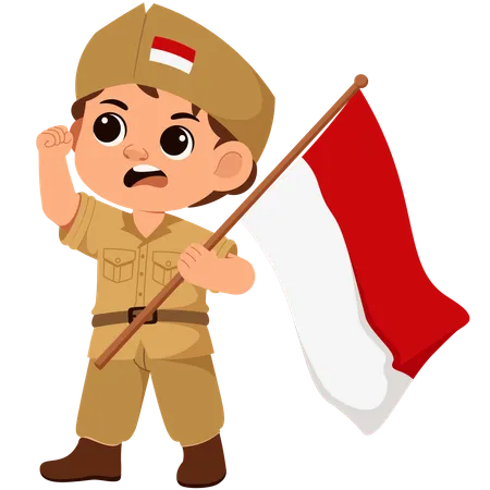 Boy Indonesian Soldier Holding Flag  Illustration