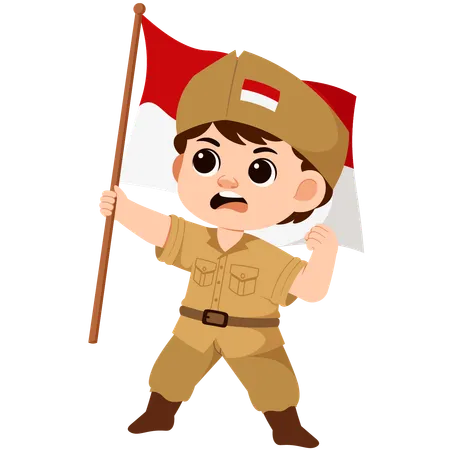 Boy Indonesian Soldier Holding Flag  Illustration