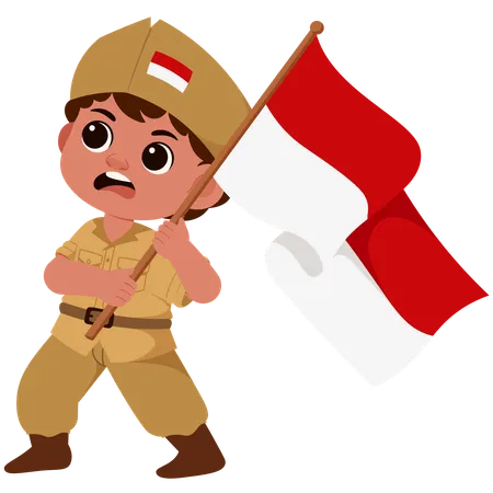 Boy Indonesian Soldier Holding Flag  Illustration