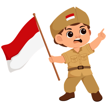 Boy Indonesian Soldier Holding Flag  Illustration