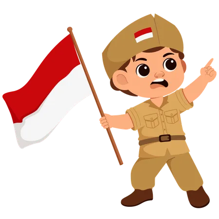 Boy Indonesian Soldier Holding Flag  Illustration