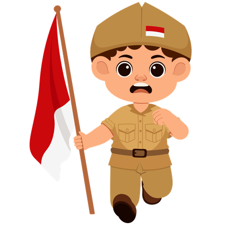 Boy Indonesian Soldier Holding Flag  Illustration