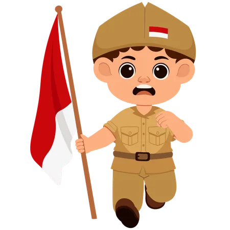 Boy Indonesian Soldier Holding Flag  Illustration