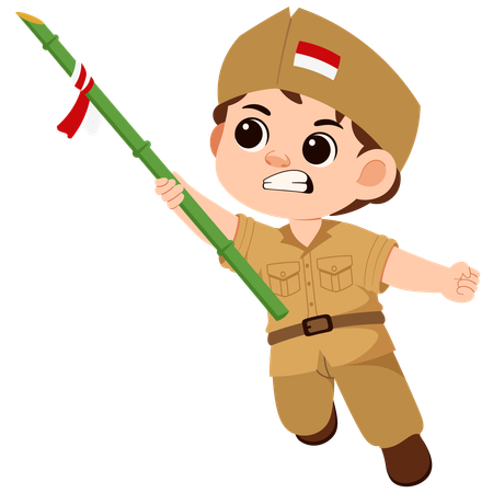 Boy Indonesian Soldier Holding Spear  Illustration