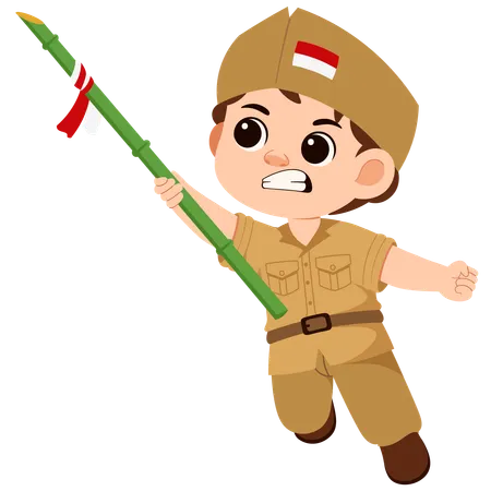 Boy Indonesian Soldier Holding Spear  Illustration