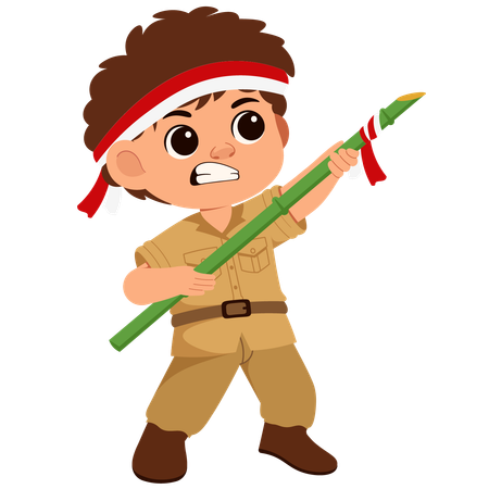 Boy Indonesian Soldier Holding Spear  Illustration